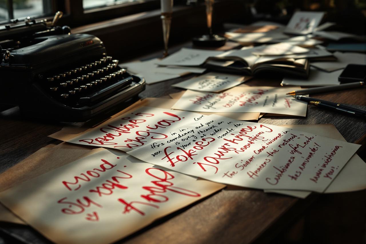 散落在木桌上的剧本手稿照片
